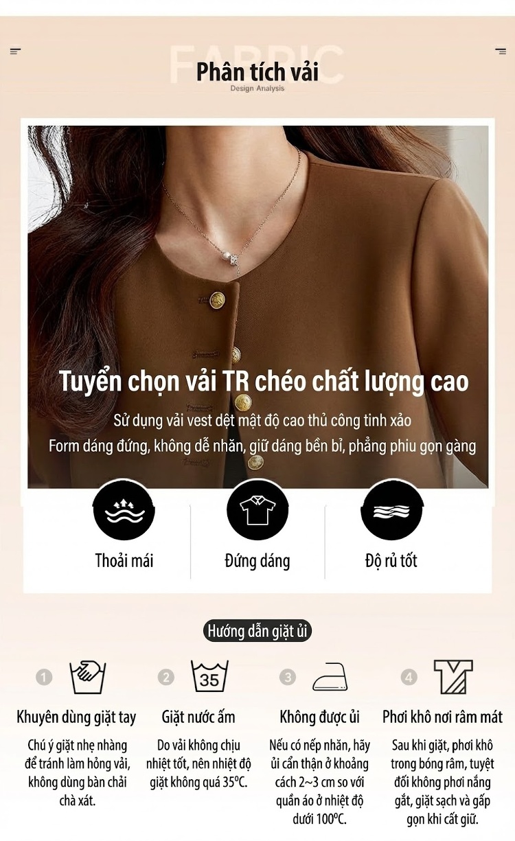 Áo Blazer Nữ Form Nhỏ Không Cổ Phong Cách Tiểu Thư Màu Đen, Trắng, Nâu chi tiết 6