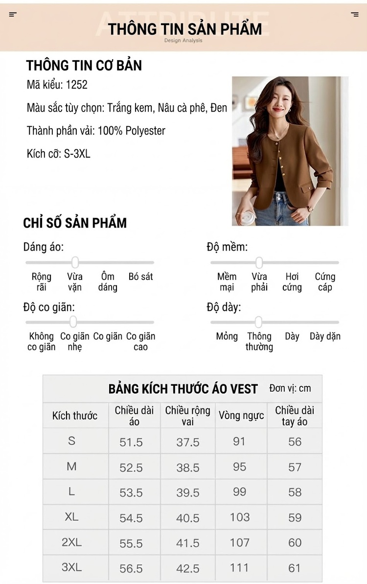 Áo Blazer Nữ Form Nhỏ Không Cổ Phong Cách Tiểu Thư Màu Đen, Trắng, Nâu chi tiết 7