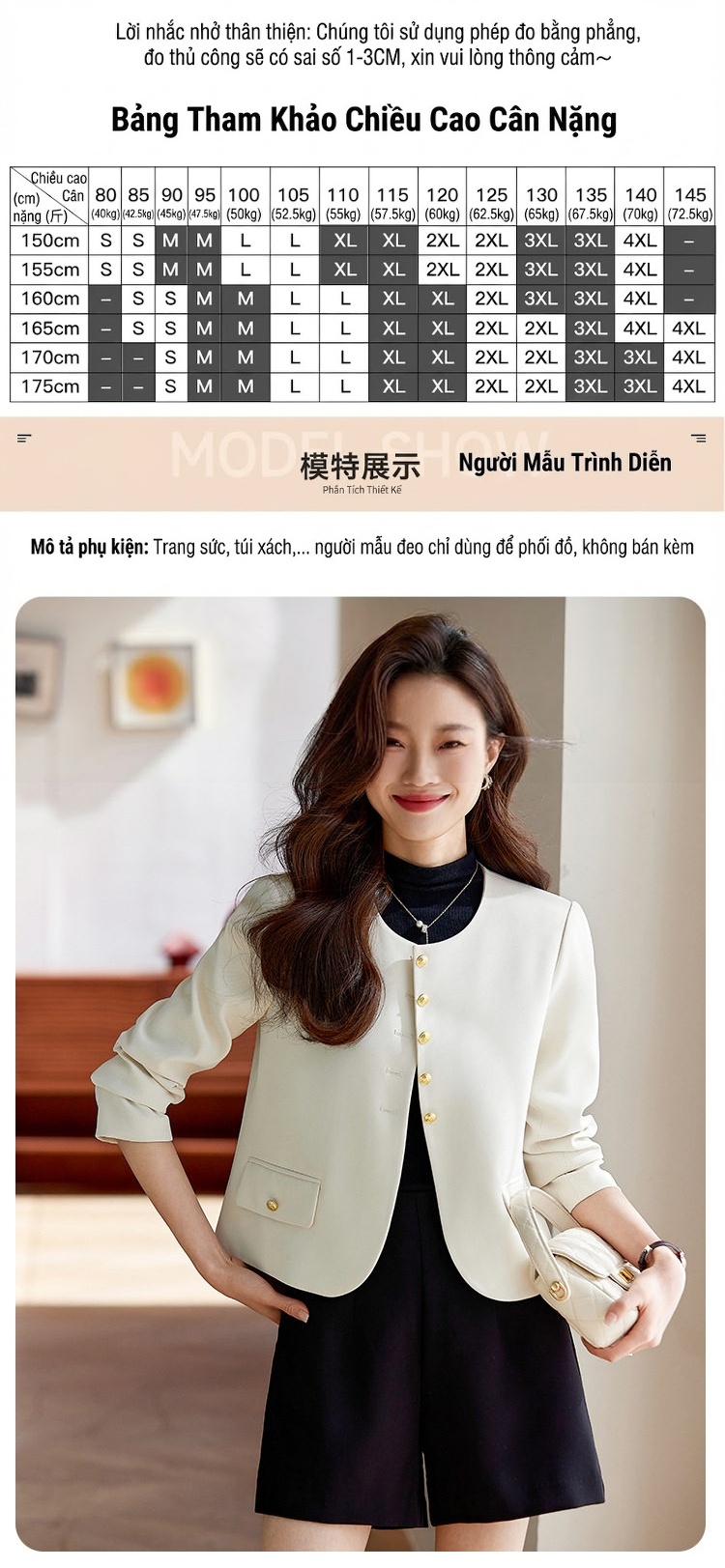 Áo Blazer Nữ Form Nhỏ Không Cổ Phong Cách Tiểu Thư Màu Đen, Trắng, Nâu chi tiết 8
