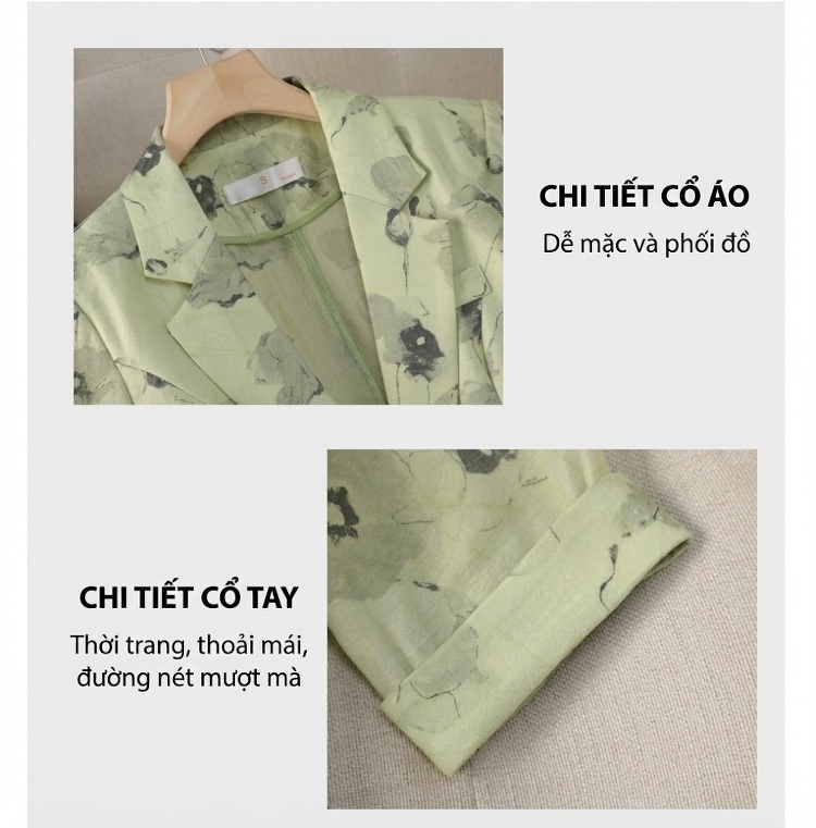 Áo Blazer Nữ Tay Lỡ In Hoa Phong Cách Hàn Quốc Dáng Ôm Màu Be, Trắng Ngà chi tiết 24