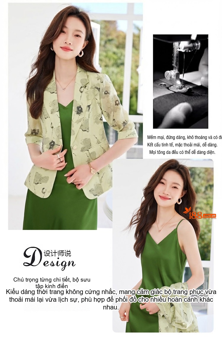Áo Blazer Nữ Tay Lỡ In Hoa Phong Cách Hàn Quốc Dáng Ôm Màu Be, Trắng Ngà chi tiết 4
