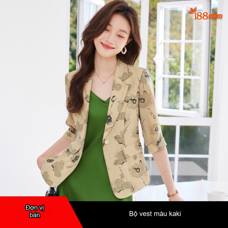 Áo Blazer Nữ Tay Lỡ In Hoa Phong Cách Hàn Quốc Dáng Ôm Màu Be, Trắng Ngà
