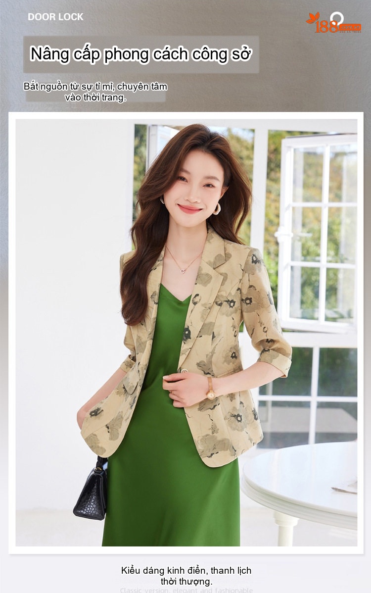 Áo Blazer Nữ Tay Lỡ In Hoa Phong Cách Hàn Quốc Dáng Ôm Màu Be, Trắng Ngà chi tiết 2
