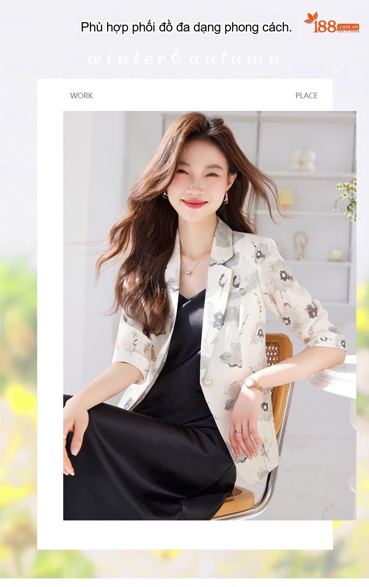 Áo Blazer Nữ Tay Lỡ In Hoa Phong Cách Hàn Quốc Dáng Ôm Màu Be, Trắng Ngà chi tiết 3
