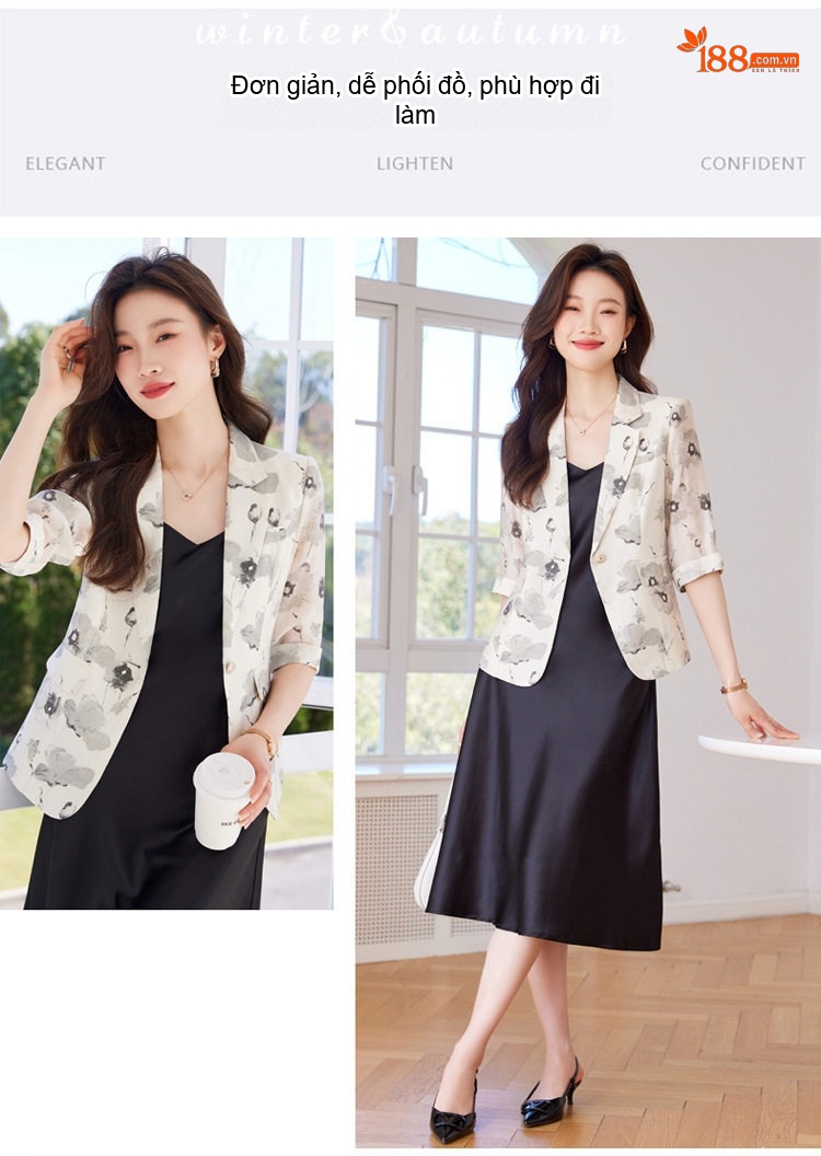 Áo Blazer Nữ Tay Lỡ In Hoa Phong Cách Hàn Quốc Dáng Ôm Màu Be, Trắng Ngà chi tiết 5
