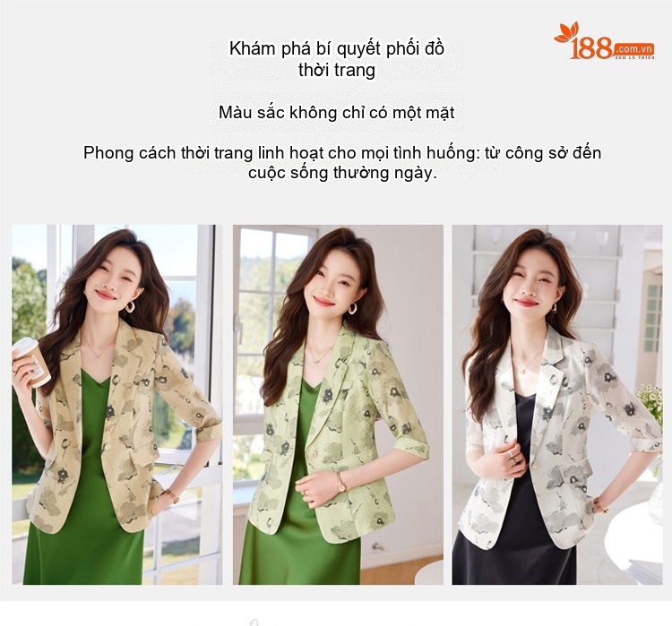 Áo Blazer Nữ Tay Lỡ In Hoa Phong Cách Hàn Quốc Dáng Ôm Màu Be, Trắng Ngà chi tiết 8