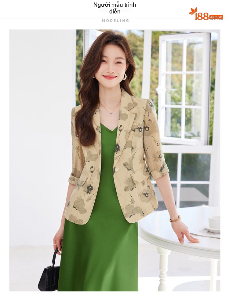 Áo Blazer Nữ Tay Lỡ In Hoa Phong Cách Hàn Quốc Dáng Ôm Màu Be, Trắng Ngà chi tiết 11