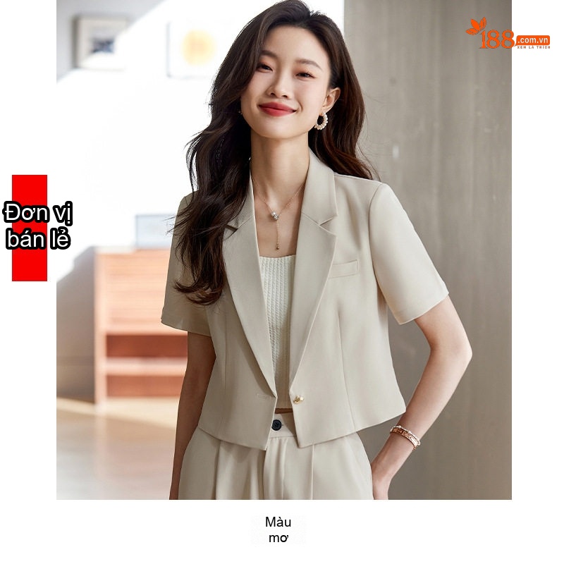 Áo Blazer Nữ Tay Ngắn Dáng Croptop Phong Cách Công Sở Màu Be, Đen, Trắng
