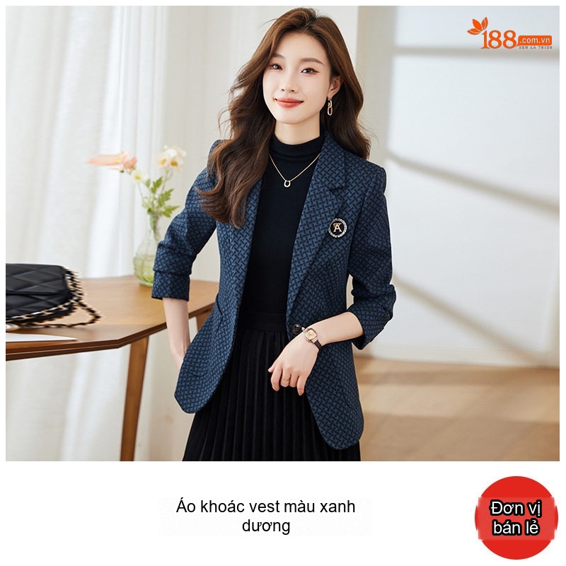 Áo Blazer Nữ Thu Đông Dáng Ôm Họa Tiết Caro Màu Xám, Nâu