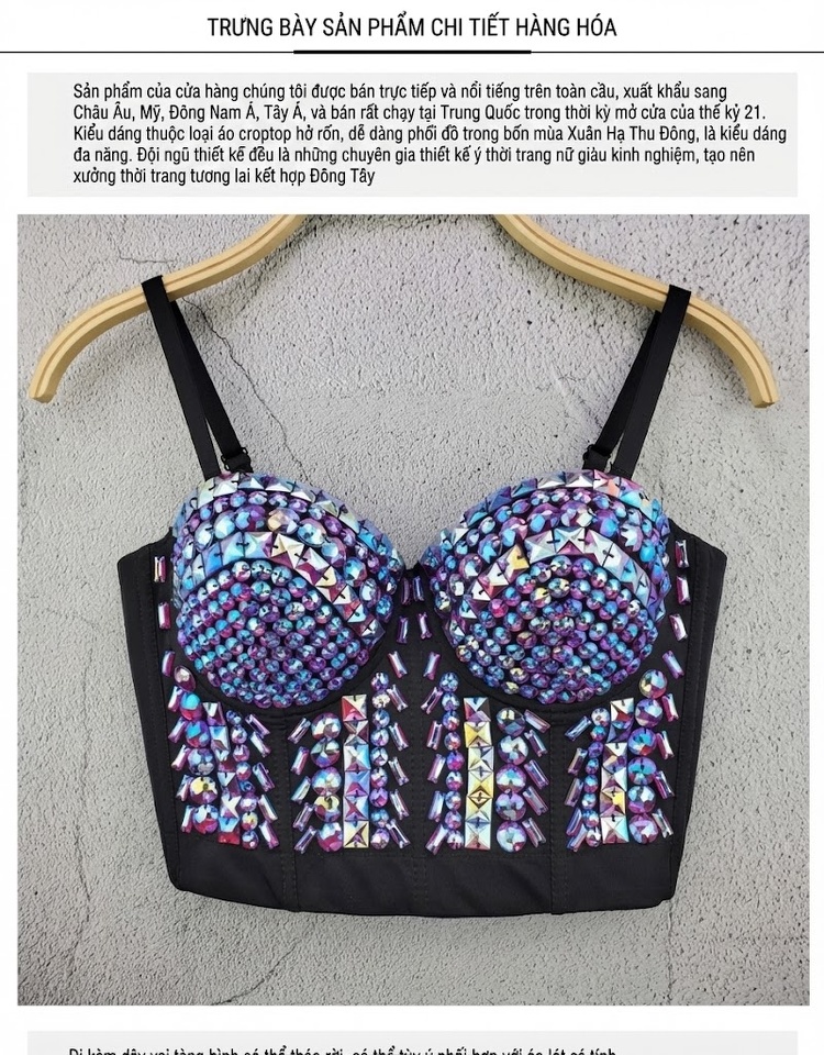 Áo Bra Corset Nữ Dây Treo Cổ Ngắn Đính Đá Phong Cách Âu Mỹ chi tiết 4