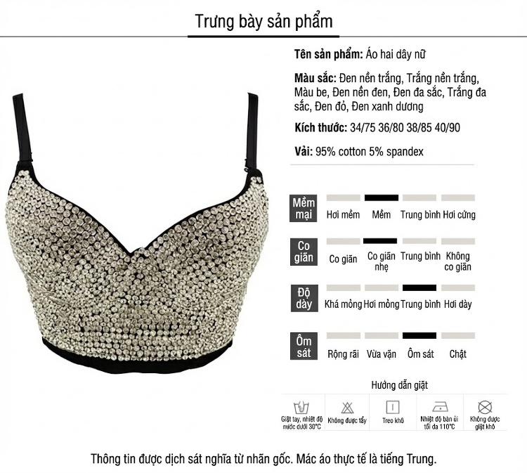 Áo Bra Croptop Nữ Đính Đá Lấp Lánh, Áo Hai Dây Ngắn Gợi Cảm Màu Trắng, Đỏ, Vàng, Bạc... chi tiết 2