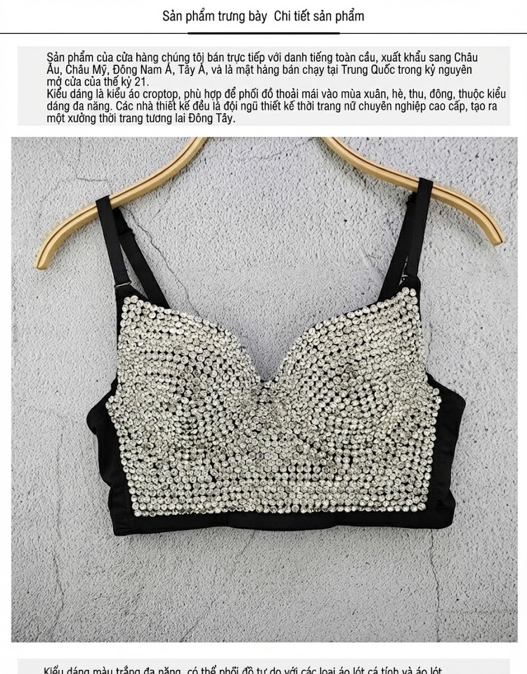 Áo Bra Croptop Nữ Đính Đá Lấp Lánh, Áo Hai Dây Ngắn Gợi Cảm Màu Trắng, Đỏ, Vàng, Bạc... chi tiết 6
