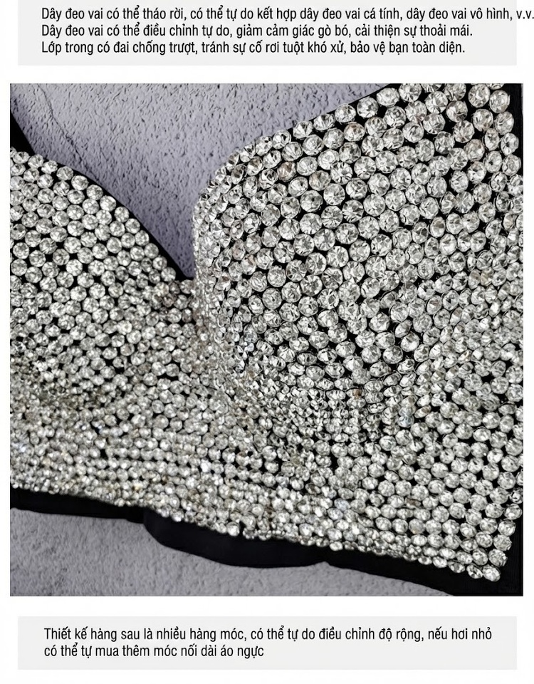 Áo Bra Croptop Nữ Đính Đá Lấp Lánh, Áo Hai Dây Ngắn Gợi Cảm Màu Trắng, Đỏ, Vàng, Bạc... chi tiết 7