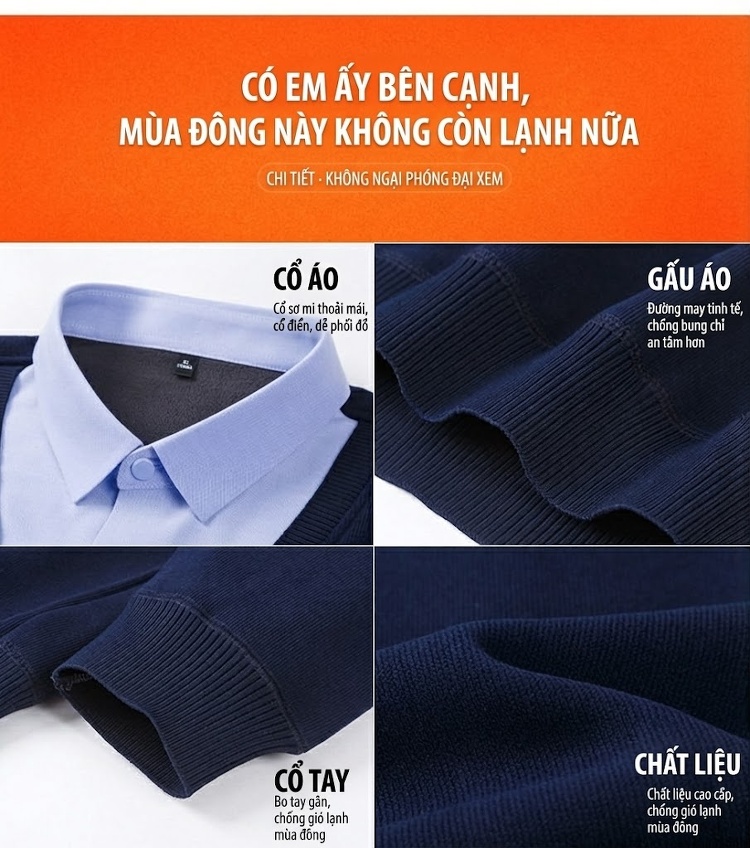 Áo Cardigan Nam Giả Hai Lớp Dệt Kim Lót Lông Dày Dặn Màu Đen, Xanh Navy, Xám, Be... chi tiết 6
