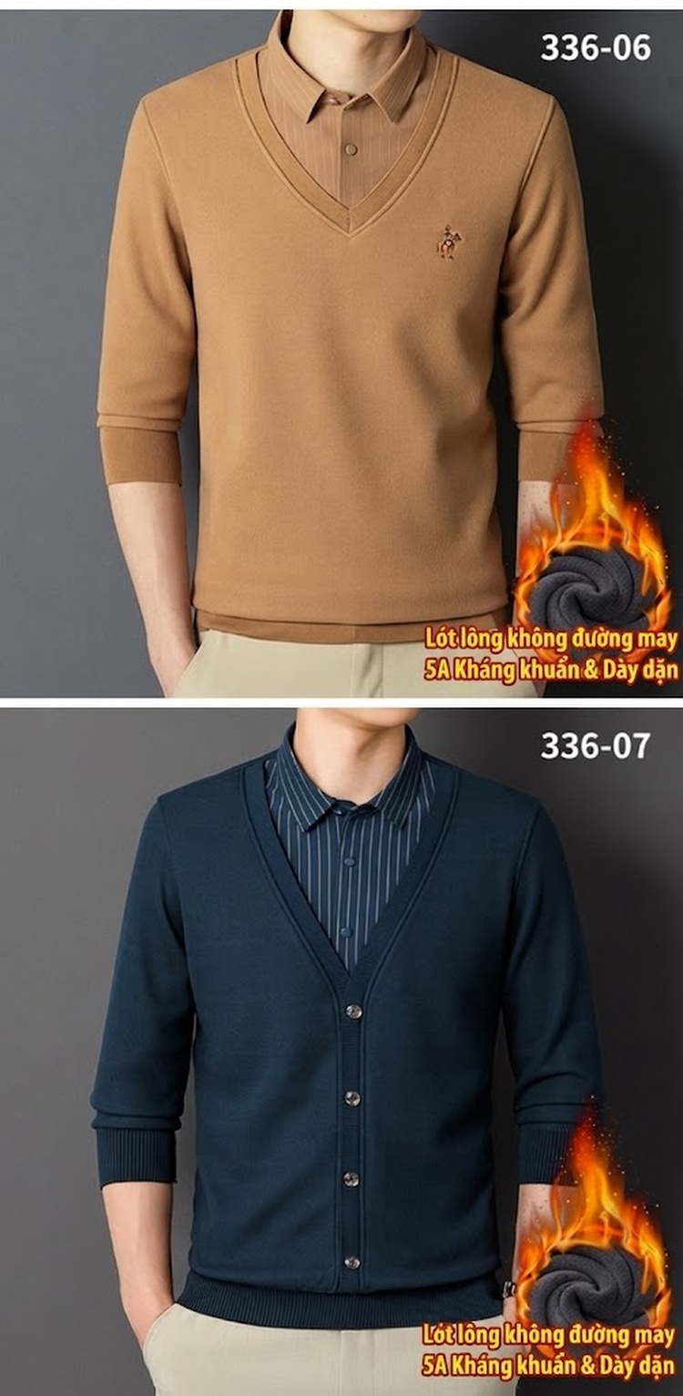 Áo Cardigan Nam Giả Hai Lớp Dệt Kim Lót Lông Dày Dặn Màu Đen, Xanh Navy, Xám, Be... chi tiết 10