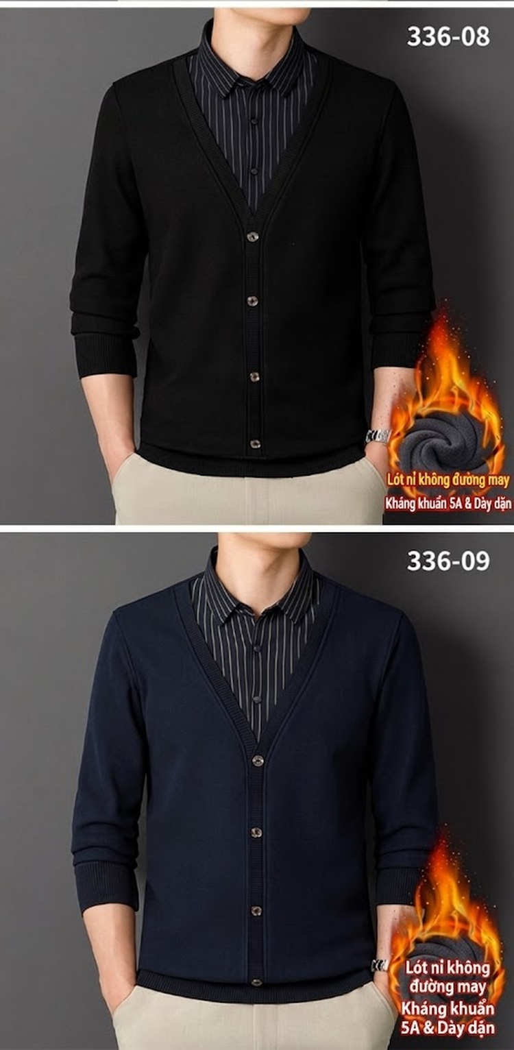 Áo Cardigan Nam Giả Hai Lớp Dệt Kim Lót Lông Dày Dặn Màu Đen, Xanh Navy, Xám, Be... chi tiết 11