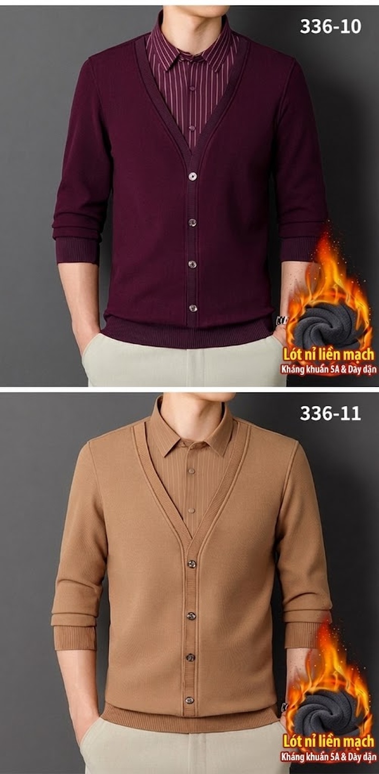 Áo Cardigan Nam Giả Hai Lớp Dệt Kim Lót Lông Dày Dặn Màu Đen, Xanh Navy, Xám, Be... chi tiết 12