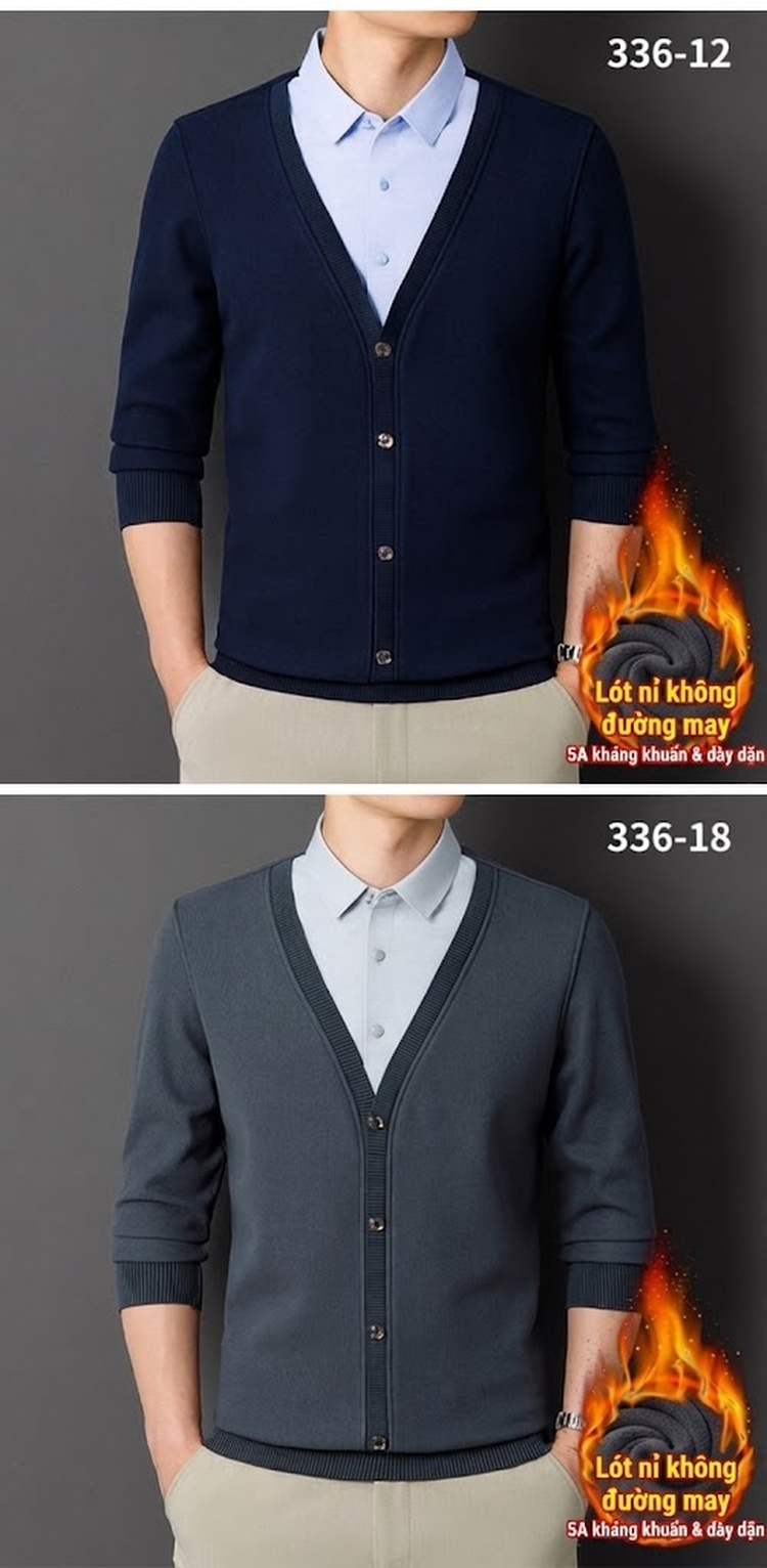 Áo Cardigan Nam Giả Hai Lớp Dệt Kim Lót Lông Dày Dặn Màu Đen, Xanh Navy, Xám, Be... chi tiết 13