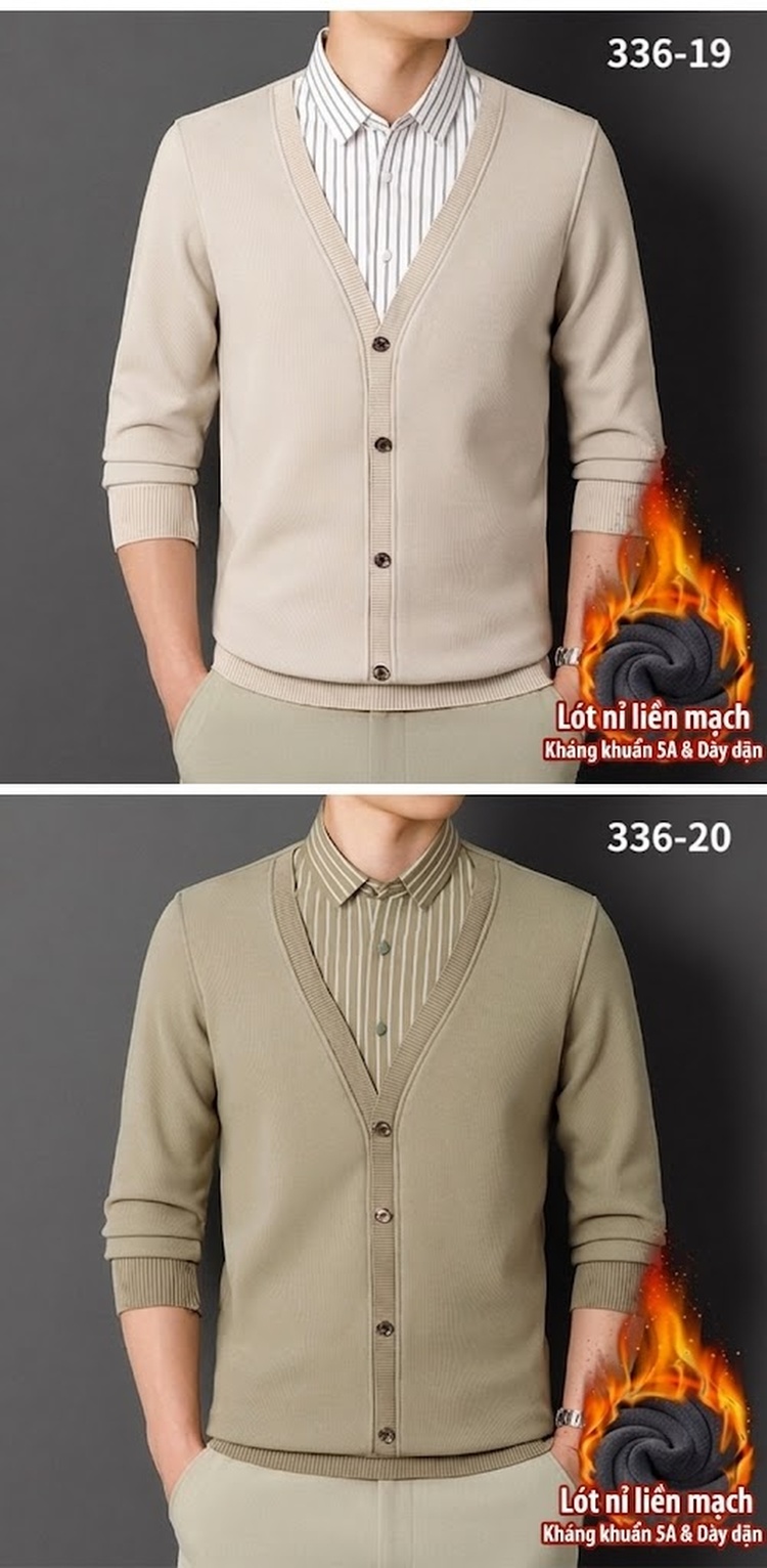 Áo Cardigan Nam Giả Hai Lớp Dệt Kim Lót Lông Dày Dặn Màu Đen, Xanh Navy, Xám, Be... chi tiết 14