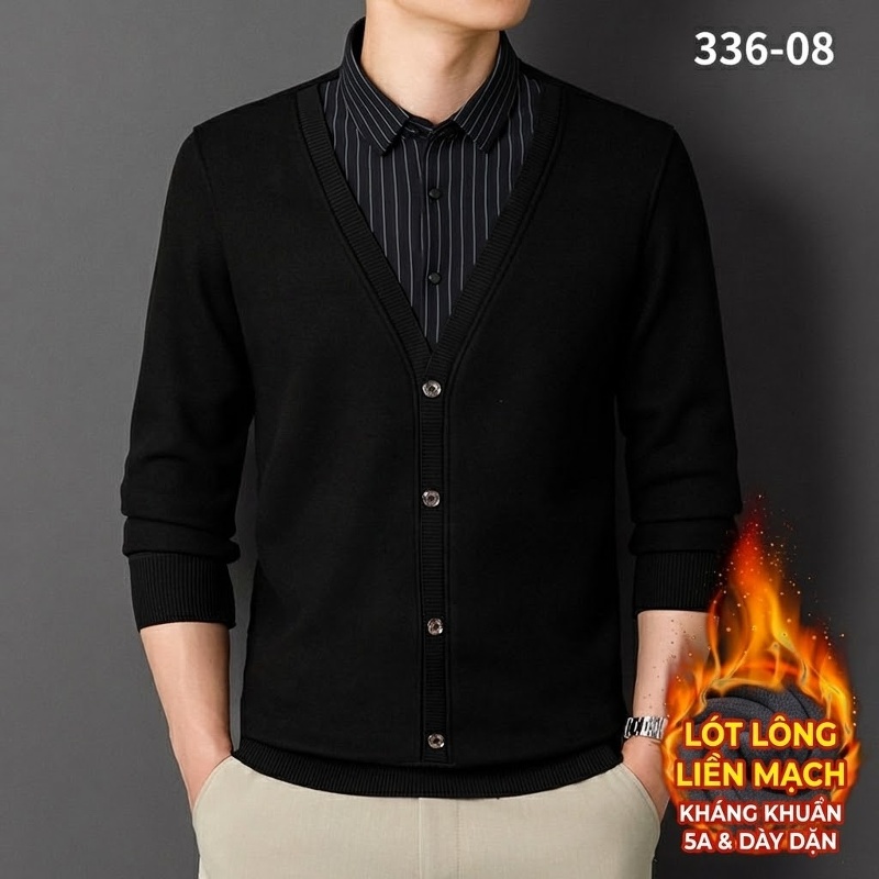 Áo Cardigan Nam Giả Hai Lớp Dệt Kim Lót Lông Dày Dặn Màu Đen, Xanh Navy, Xám, Be...