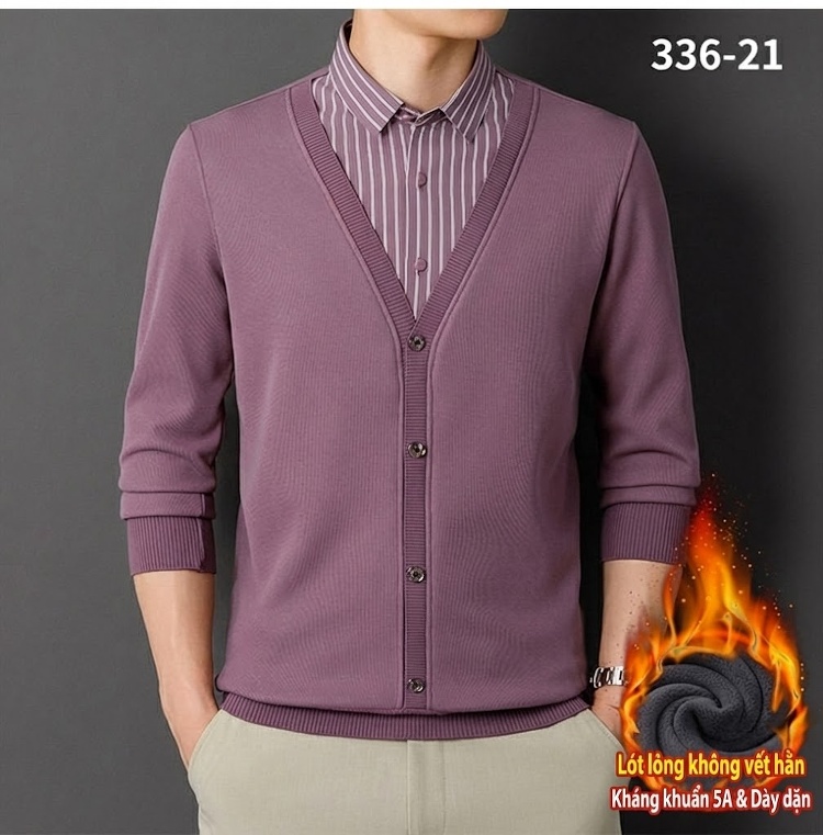 Áo Cardigan Nam Giả Hai Lớp Dệt Kim Lót Lông Dày Dặn Màu Đen, Xanh Navy, Xám, Be... chi tiết 15