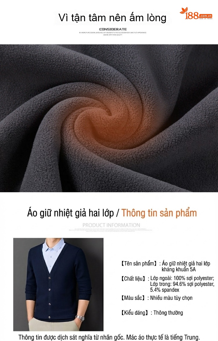 Áo Cardigan Nam Giả Hai Lớp Dệt Kim Lót Lông Dày Dặn Màu Đen, Xanh Navy, Xám, Be... chi tiết 7