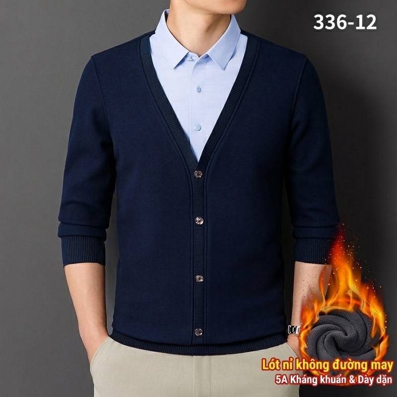 Áo Cardigan Nam Giả Hai Lớp Dệt Kim Lót Lông Dày Dặn Màu Đen, Xanh Navy, Xám, Be...