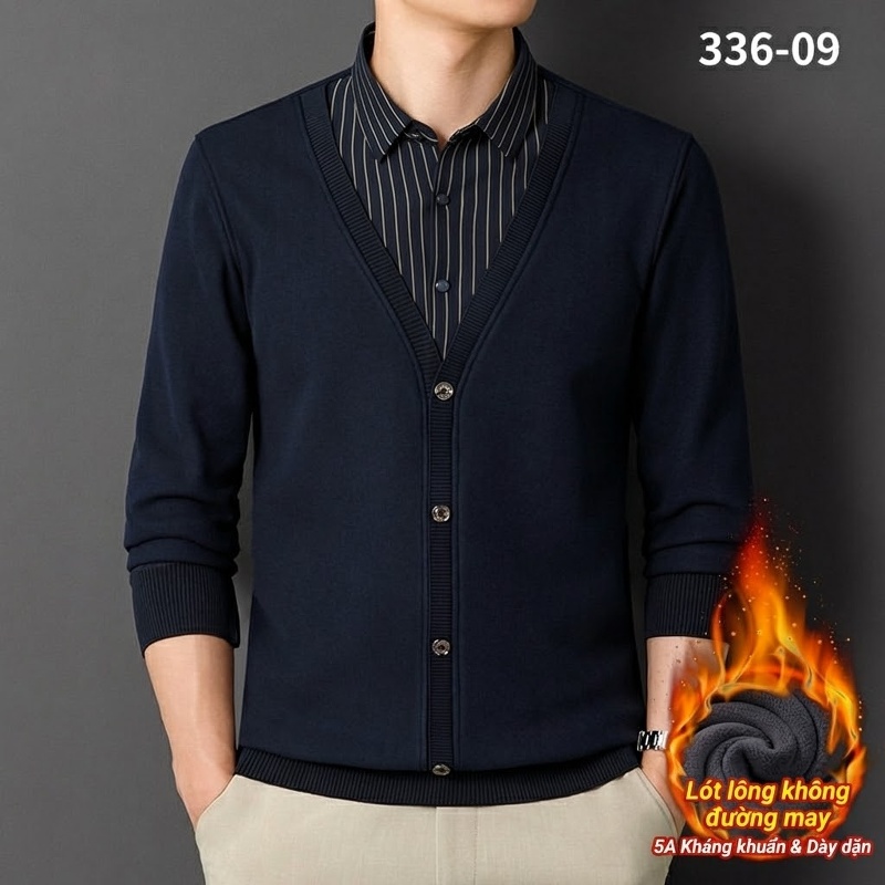 Áo Cardigan Nam Giả Hai Lớp Dệt Kim Lót Lông Dày Dặn Màu Đen, Xanh Navy, Xám, Be...