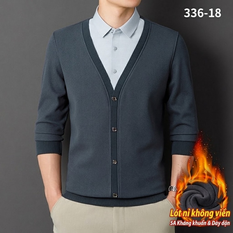 Áo Cardigan Nam Giả Hai Lớp Dệt Kim Lót Lông Dày Dặn Màu Đen, Xanh Navy, Xám, Be...