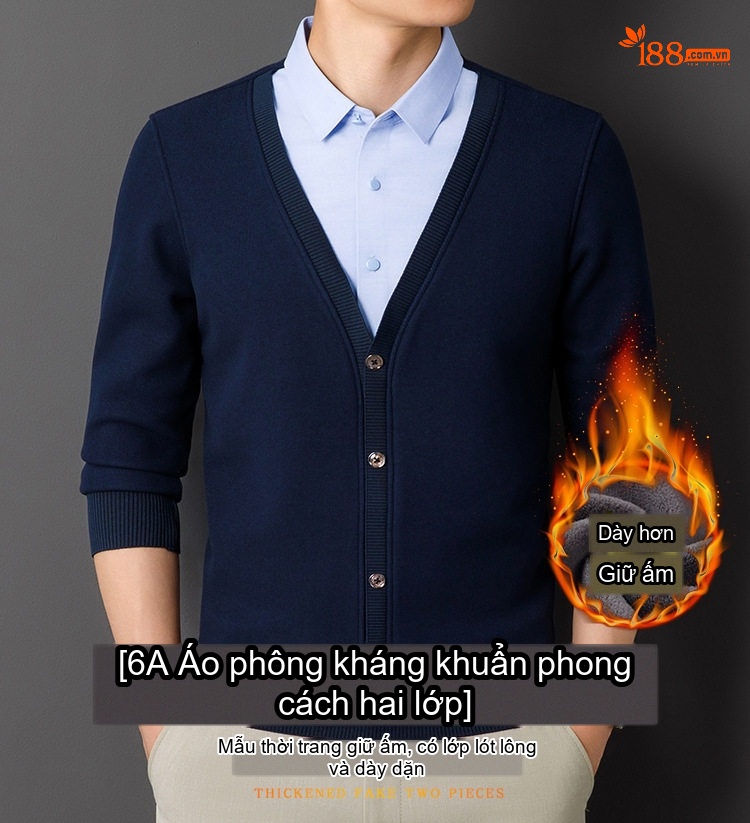 Áo Cardigan Nam Giả Hai Lớp Dệt Kim Lót Lông Dày Dặn Màu Đen, Xanh Navy, Xám, Be... chi tiết 1