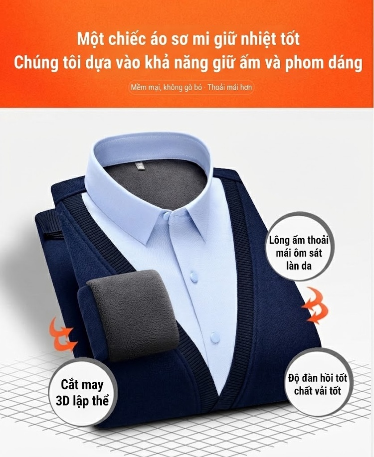 Áo Cardigan Nam Giả Hai Lớp Dệt Kim Lót Lông Dày Dặn Màu Đen, Xanh Navy, Xám, Be... chi tiết 2