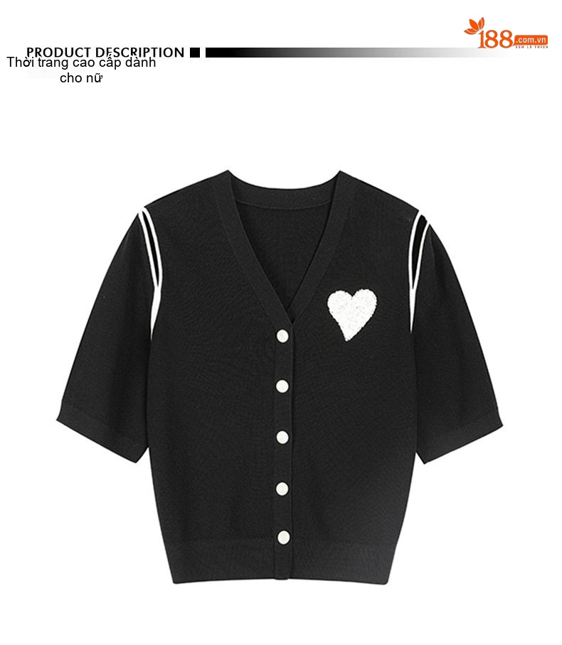 Áo Cardigan Nữ Dệt Kim Hở Vai Tay Ngắn Họa Tiết Trái Tim Màu Đen, Trắng chi tiết 1
