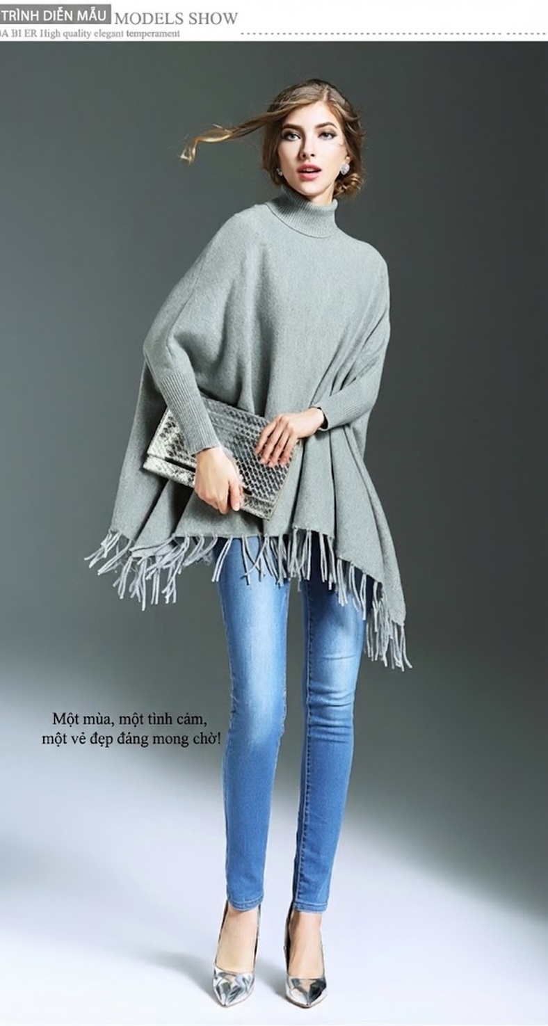 Áo Choàng Dệt Kim Tay Dơi Nữ Cổ Lọ Màu Trơn Viền Tua Rua chi tiết 7