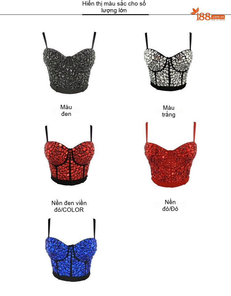 Áo Corset Nữ Dáng Ôm Ngắn Hai Dây Mùa Hè Đính Đá Màu Bạc, Đỏ, Xanh, Đen chi tiết 4