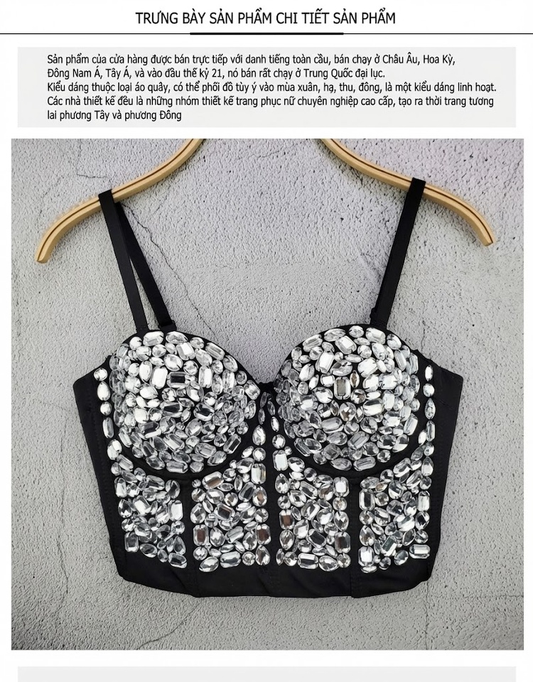Áo Corset Nữ Dáng Ôm Ngắn Hai Dây Mùa Hè Đính Đá Màu Bạc, Đỏ, Xanh, Đen chi tiết 5
