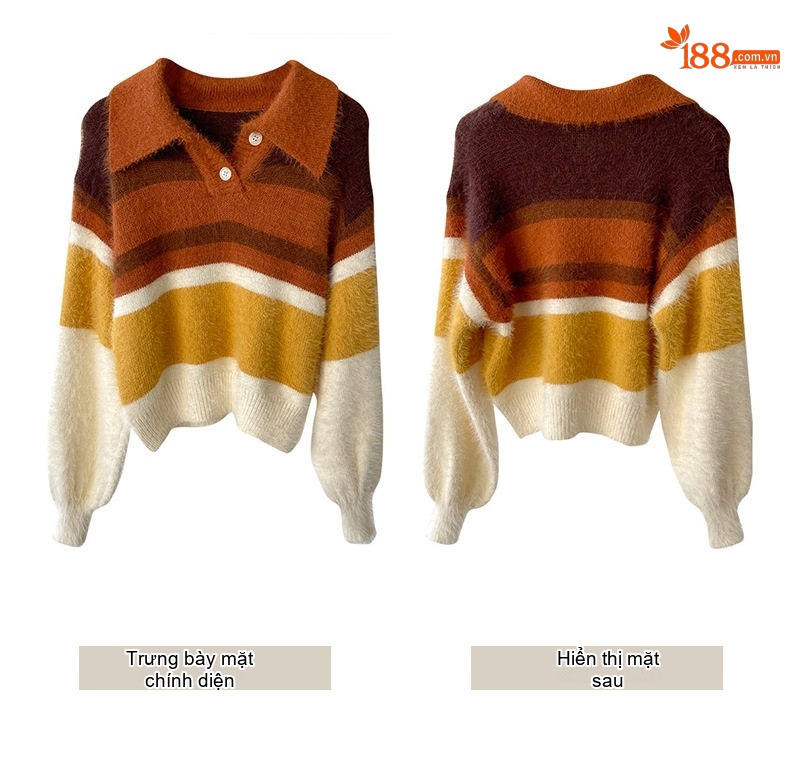 Áo Dệt Kim Nữ Cổ Bẻ Kiểu Polo Thiết Kế Retro Màu Cam, Nâu, Xanh Lá, Trắng chi tiết 5