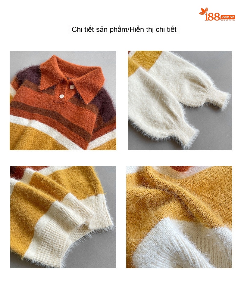 Áo Dệt Kim Nữ Cổ Bẻ Kiểu Polo Thiết Kế Retro Màu Cam, Nâu, Xanh Lá, Trắng chi tiết 6