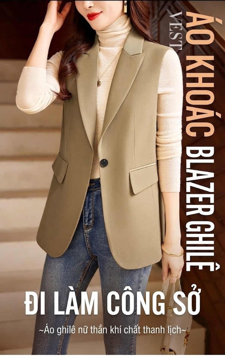 Áo Gile Blazer Nữ Màu Kaki, Đen chi tiết 1