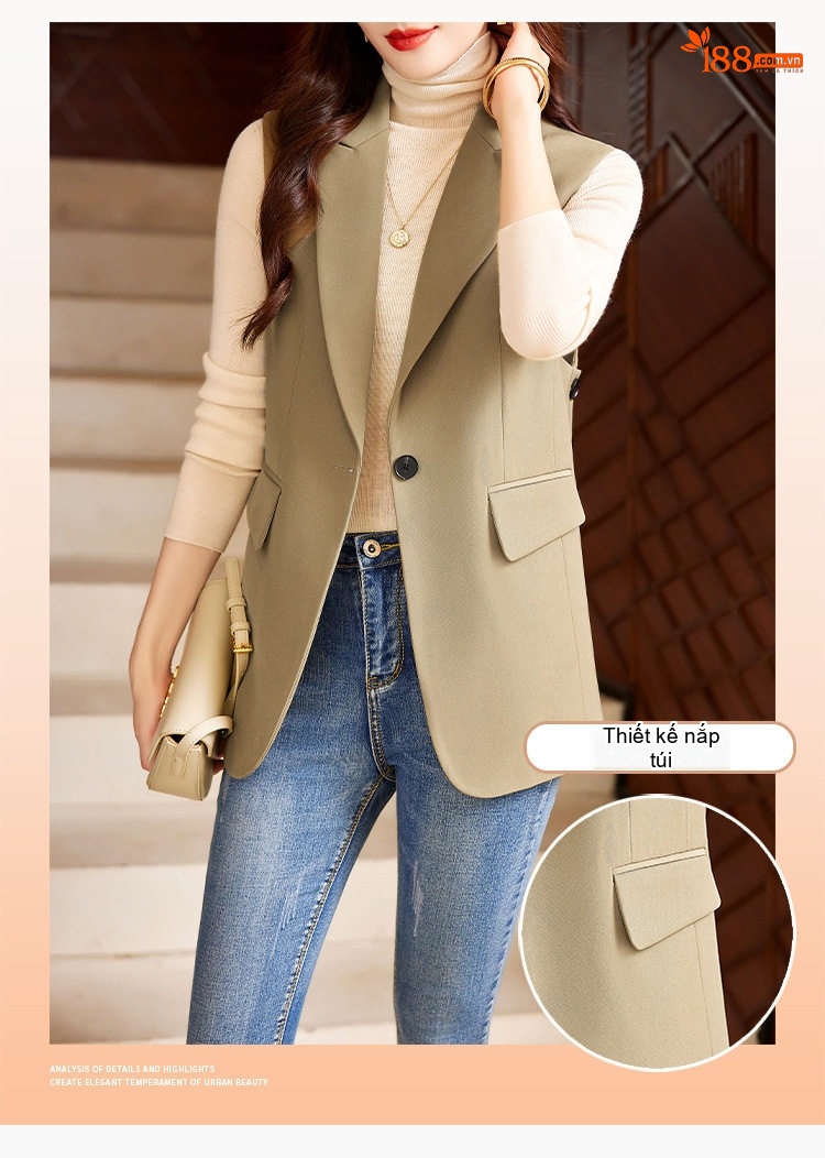 Áo Gile Blazer Nữ Màu Kaki, Đen chi tiết 4