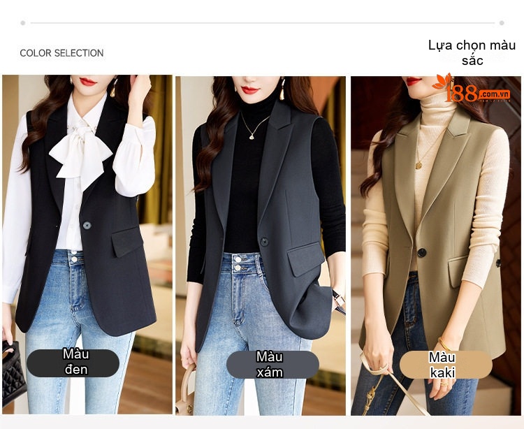 Áo Gile Blazer Nữ Màu Kaki, Đen chi tiết 2