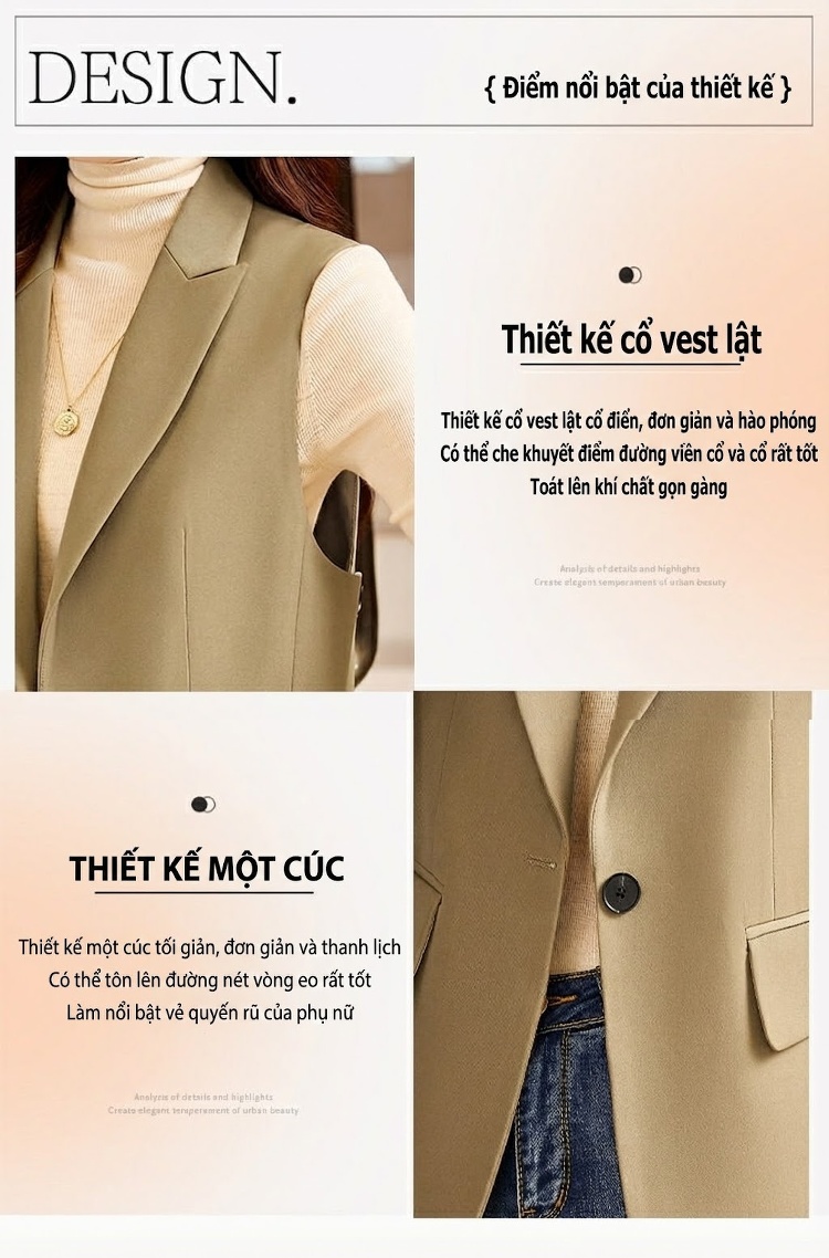 Áo Gile Blazer Nữ Màu Kaki, Đen chi tiết 3