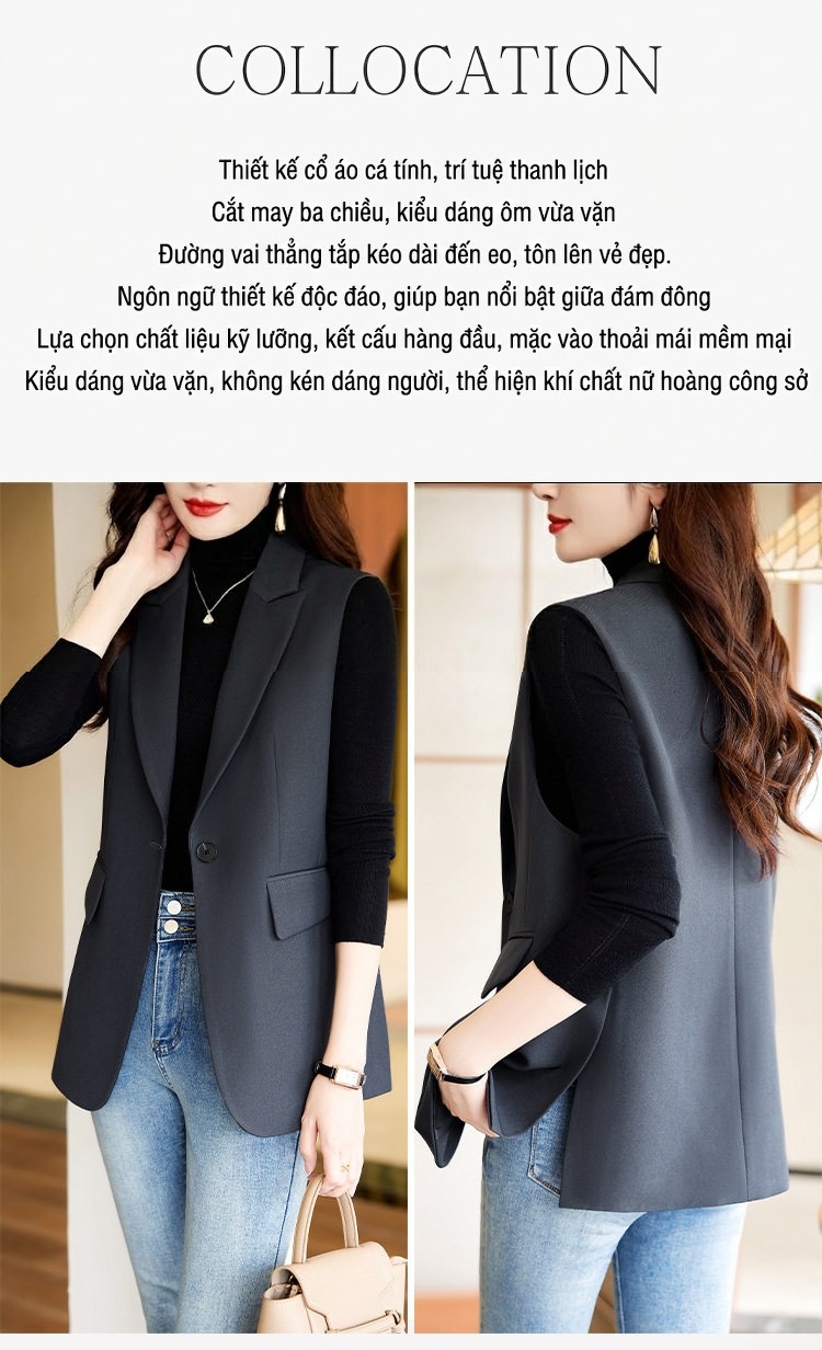 Áo Gile Blazer Nữ Màu Kaki, Đen chi tiết 5