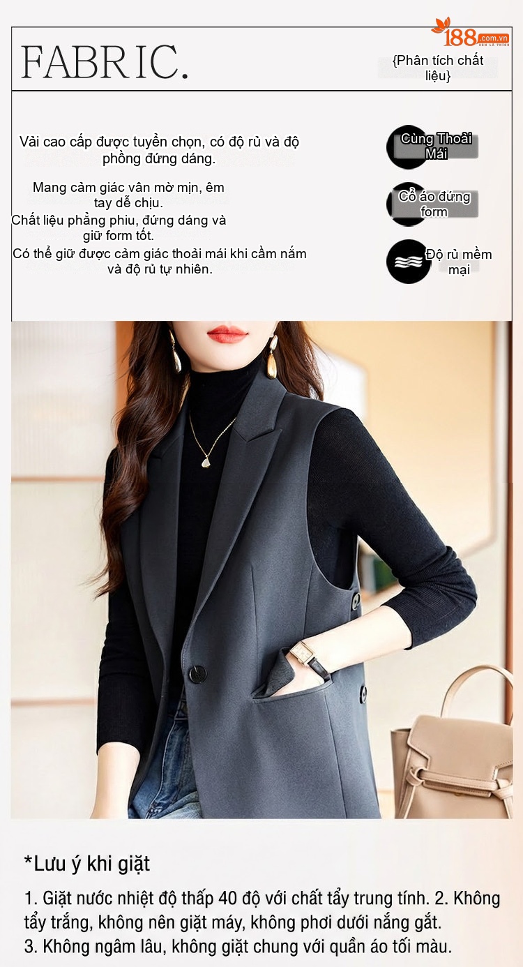 Áo Gile Blazer Nữ Màu Kaki, Đen chi tiết 6