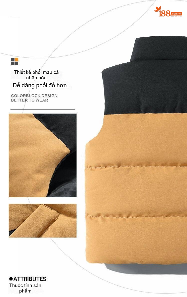 Áo Gile Bông Nam Cotton Phối Màu Giữ Ấm Chống Gió Có Túi Khóa Kéo Thời Trang Màu Đen, Trắng, Cam, Kem... chi tiết 9