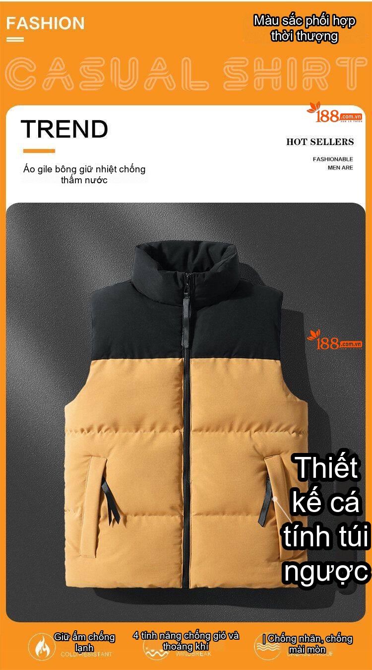 Áo Gile Bông Nam Cotton Phối Màu Giữ Ấm Chống Gió Có Túi Khóa Kéo Thời Trang Màu Đen, Trắng, Cam, Kem... chi tiết 4