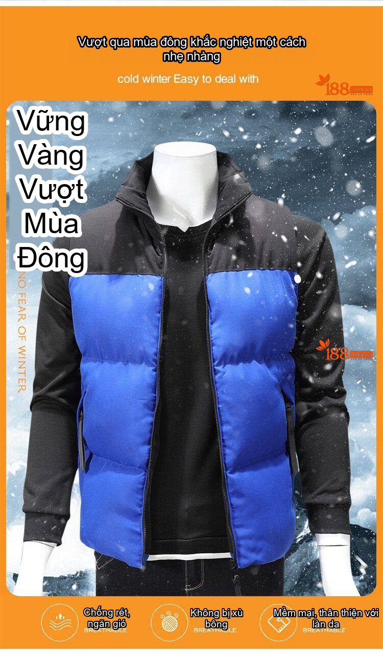 Áo Gile Bông Nam Cotton Phối Màu Giữ Ấm Chống Gió Có Túi Khóa Kéo Thời Trang Màu Đen, Trắng, Cam, Kem... chi tiết 7