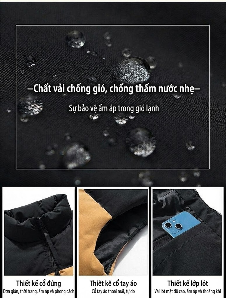 Áo Gile Bông Nam Cotton Phối Màu Giữ Ấm Chống Gió Có Túi Khóa Kéo Thời Trang Màu Đen, Trắng, Cam, Kem... chi tiết 5
