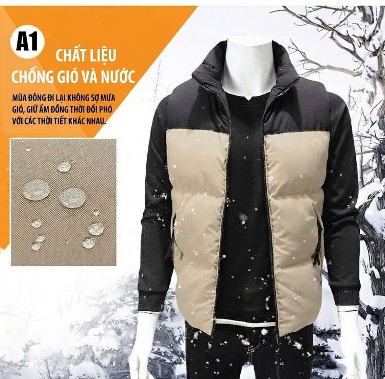 Áo Gile Bông Nam Cotton Phối Màu Giữ Ấm Chống Gió Có Túi Khóa Kéo Thời Trang Màu Đen, Trắng, Cam, Kem... chi tiết 2