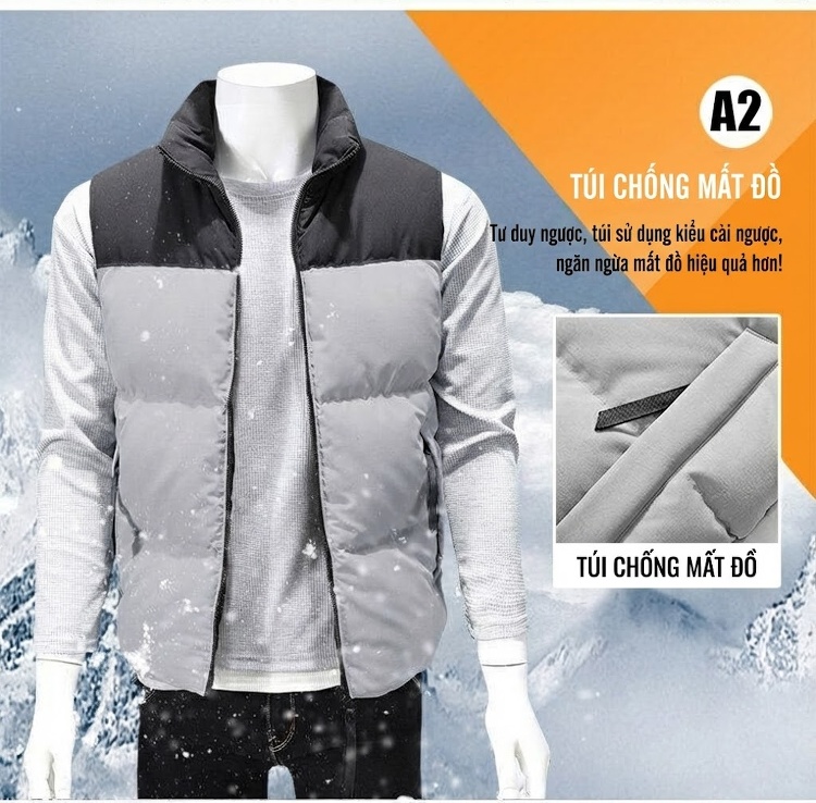 Áo Gile Bông Nam Cotton Phối Màu Giữ Ấm Chống Gió Có Túi Khóa Kéo Thời Trang Màu Đen, Trắng, Cam, Kem... chi tiết 3