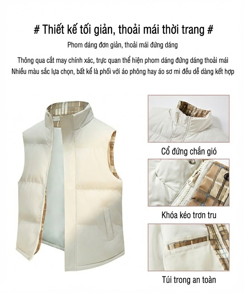 Áo Gile Bông Nam Nữ Kẻ Caro Kiểu Dáng Rộng Rãi Màu Đen, Trắng, Hồng, Xanh chi tiết 3